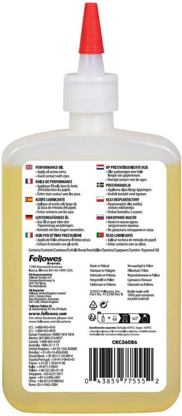 Fellowes olie voor papiervernietigers eco flacon van 350 ml
