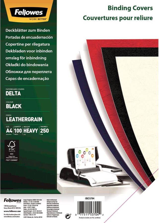 Fellowes omslagen ft A4 karton lederlook 250 micron pak van 100 stuks zwart