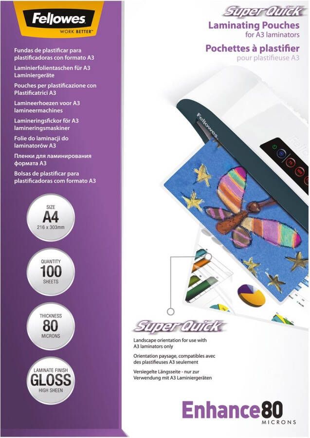 Fellowes Super Quick lamineerhoes Enhance80 ft A4 160 micron (2 x 80 micron) pak van 100 stuks
