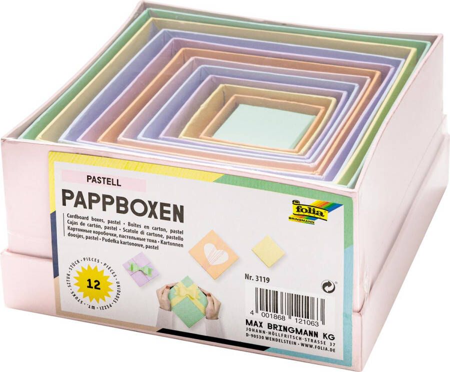 Folia dozen voor decoratie vierkant uit karton pak van 12 stuks in geassorteerde maten pastelkleuren