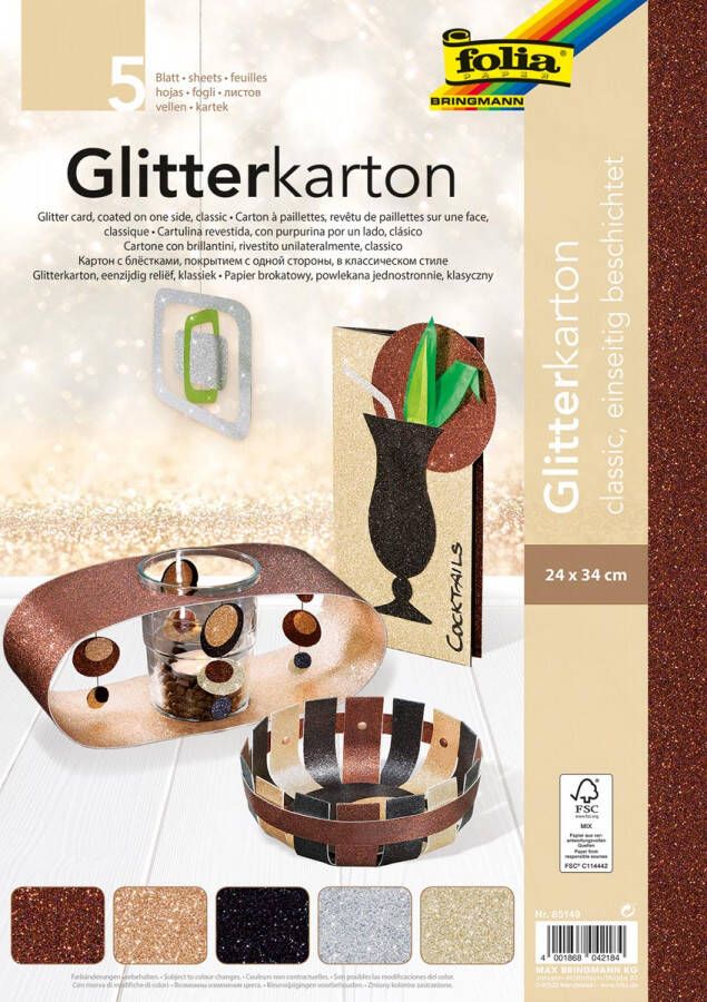 Folia Glitterkarton Classic (koper zilver zwart champagnekleur en brons)