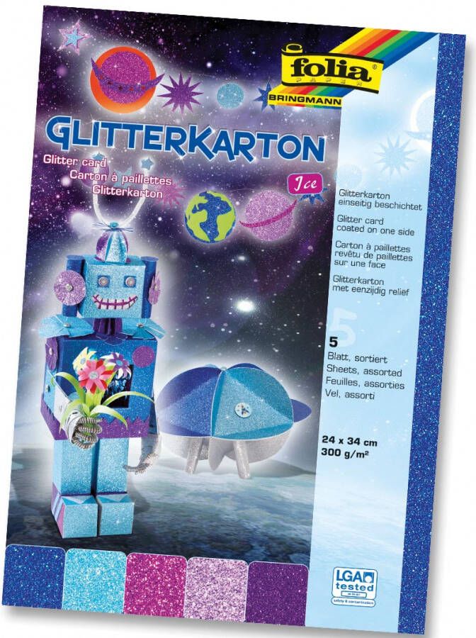 Folia Glitterkarton Ice(donkerblauw turkoois fuchsia oudroze en paars )