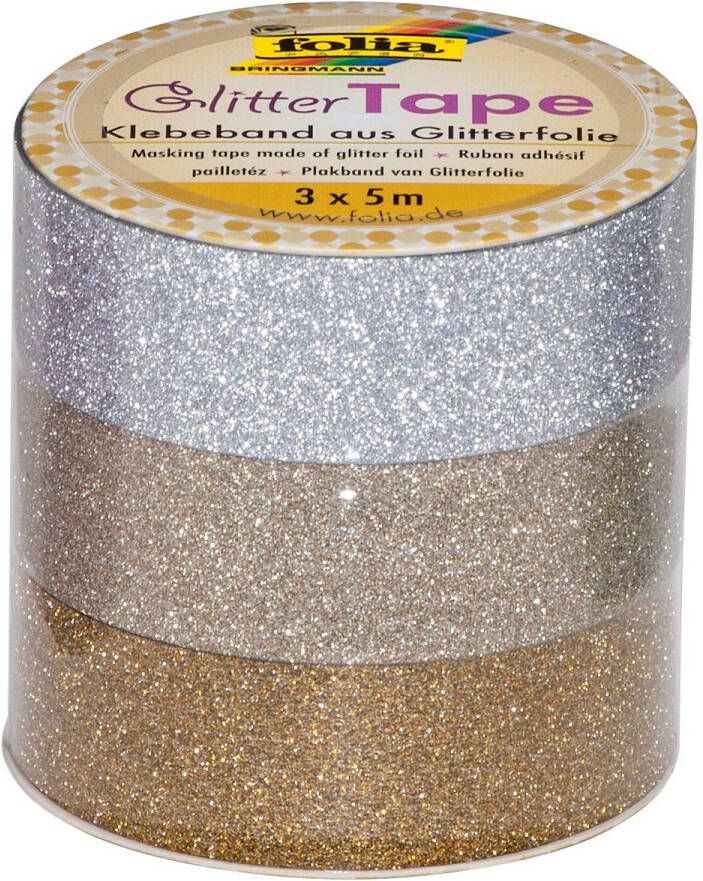 Folia glittertape zilver en goud rolletje met 3 stuks