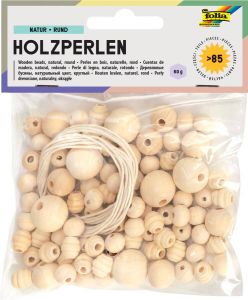 Folia houten parels natuur blister van 84 stuks in geassorteerde maten