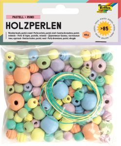 Folia houten parels pastel blister van 84 stuks in geassorteerde maten