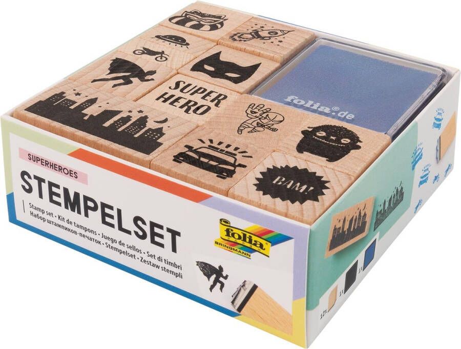Folia stempelkit (12 stempels + 2 stempelkussens) superhelden hout