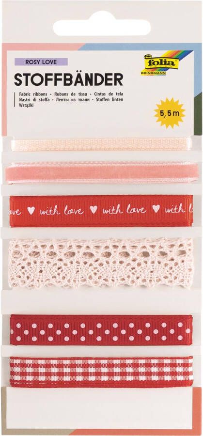 Folia stoffen linten 6 geassorteerde kleuren totale lengte 5 m rosy love