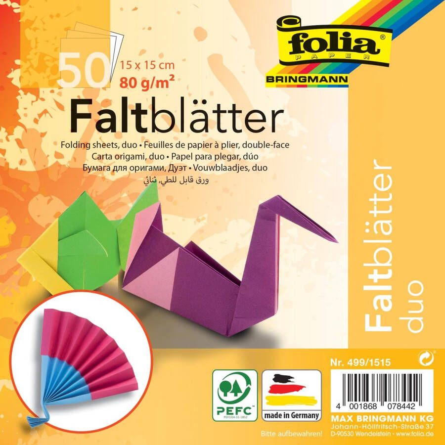Folia Paper Vouwblaadjes Folia 80gr 15x15cm 50 vel 2-zijdig 10 duo kleuren
