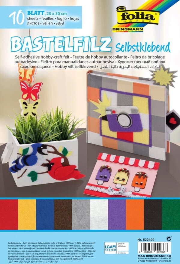Folia zelfklevend vilt ft 20 x 30 cm pak met 10 vel in geassorteerde kleuren