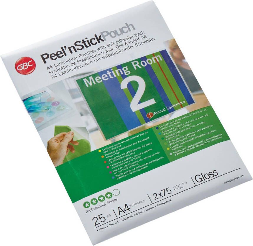 GBC Peel&apos;nStick lamineerhoes ft A4 150 micron (2 x 75 micron) zelfklevend pak van 25 stuks