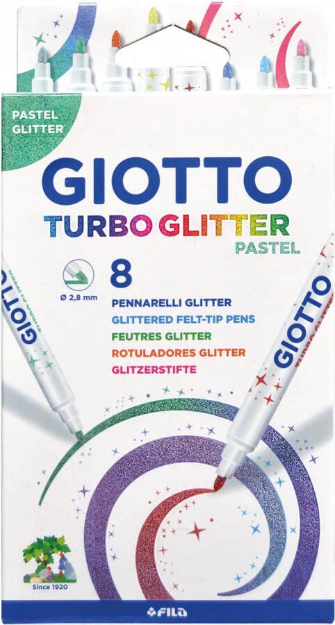 Giotto Turbo glitter viltstiften kartonnen etui met 8 stuks pastel kleuren