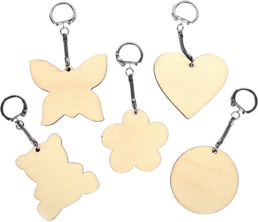 Graine Creative Graine CrÃ©ative Sleutelhanger hout assortiment vormen diameter 55 mm zakje van 10 stuks