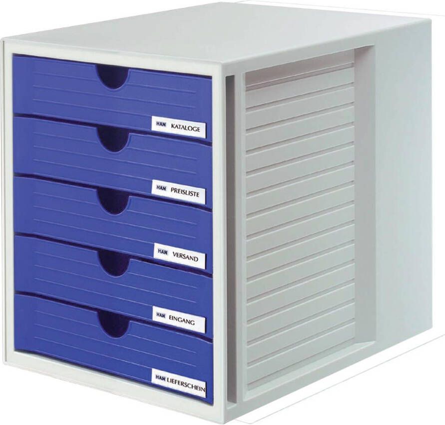 Han ladenblok met gesloten laden blauw