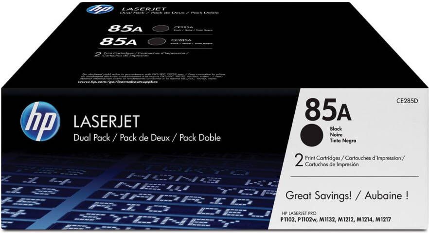 Hp toner 85A 1 600 pagina&apos;s OEM CE285AD zwart duopack
