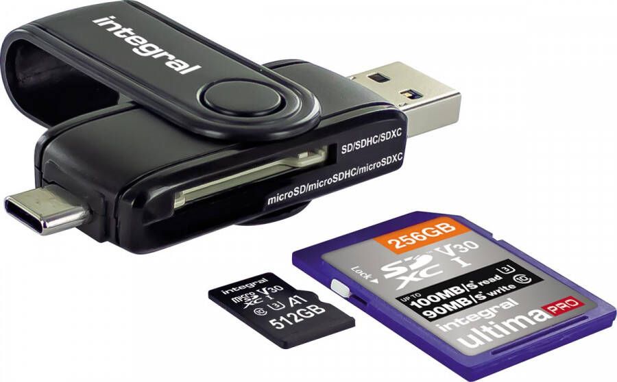 Integral SD Micro SD USB 3.0 & USB-C geheugenkaartlezer