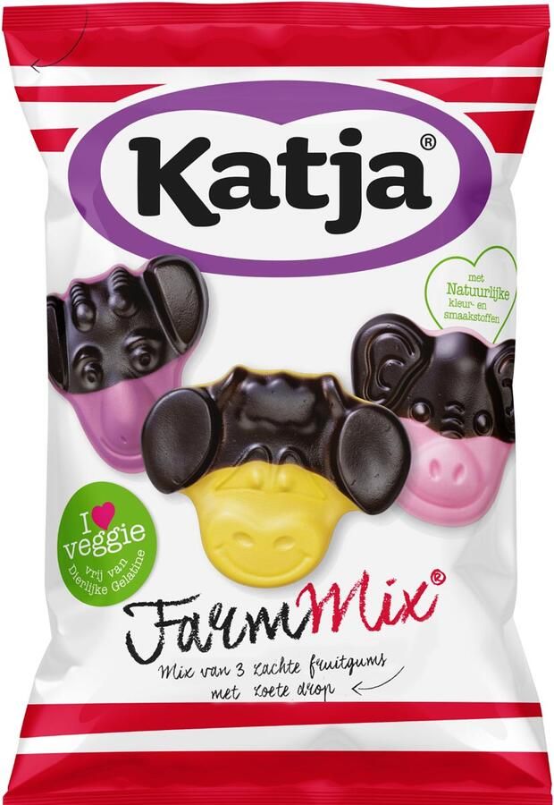 Katja Farm Mix snoep mix van 3 zachte fruitgums met zoete drop zak van 255 g
