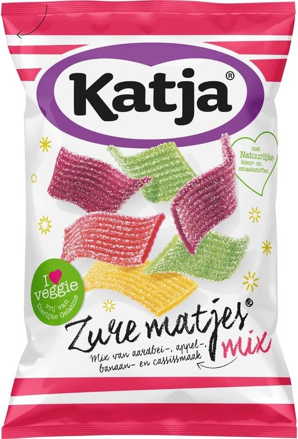 Katja Zure Matjes snoep mix van aardbei- appel- banaan- en cassissmaak zak van 250 g