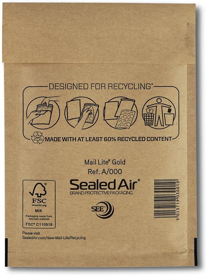 Mail Lite luchtkussenenveloppen goud A 000 110 x 160 mm doos van 200 stuks