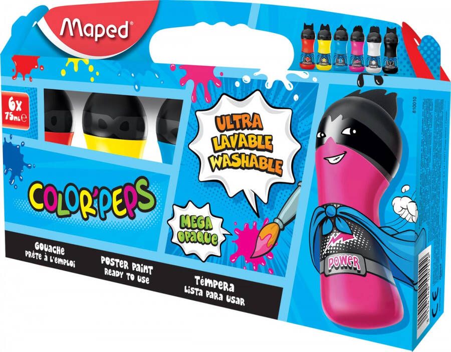 Maped Color&apos;Peps plakkaatverf ophangdoos met 6 flacons van 75 ml in primaire geassorteerde kleuren