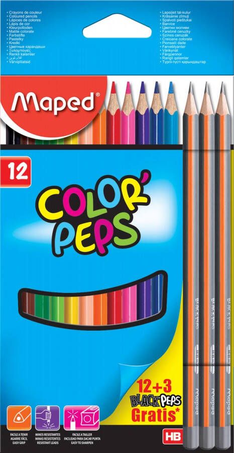 Maped kleurpotloden Color&apos Peps kartonnen etui met 12 + 3 Black&apos Peps potloden gratis