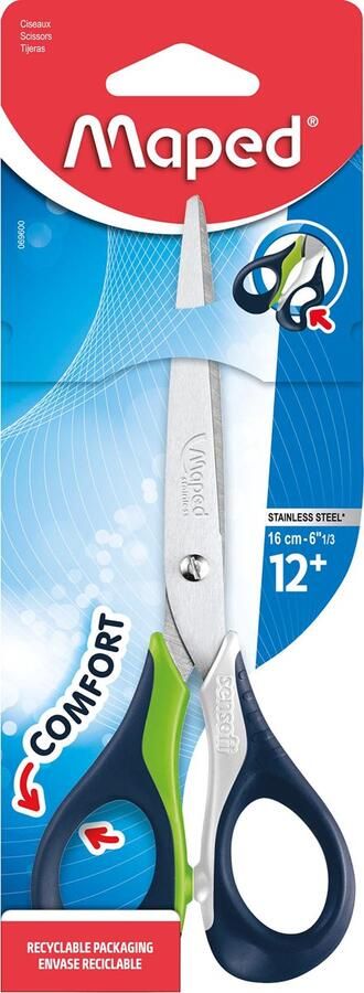 Maped schaar Sensoft ft 16 cm rechts scherpe punt RVS geassorteerde kleuren blister van 1 stuk