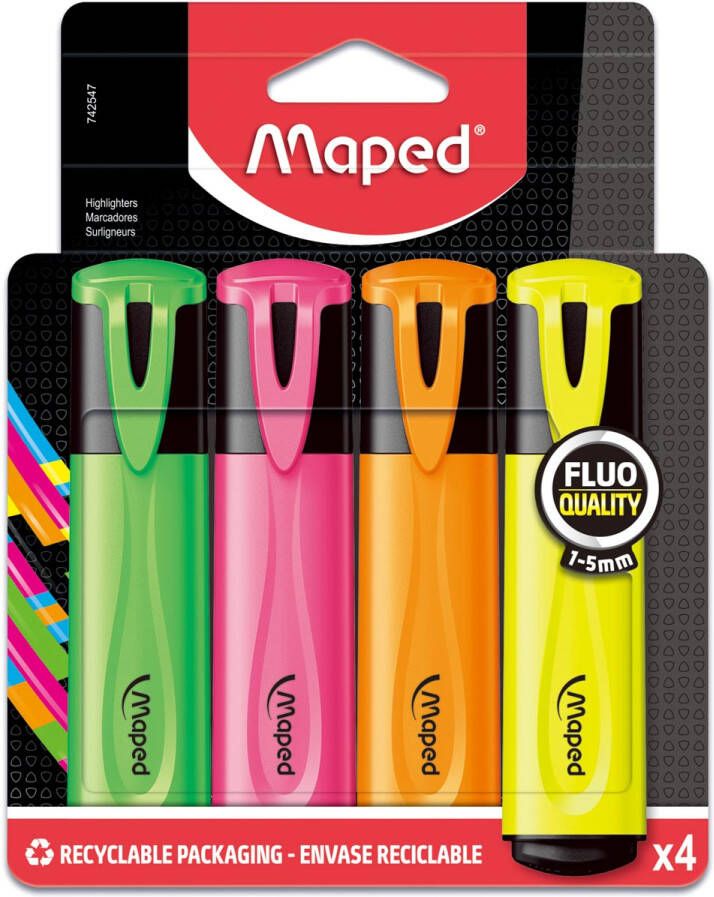 Maped markeerstift Fluo&apos;Peps Classic etui van 4 stuks: geel oranje roze en groen