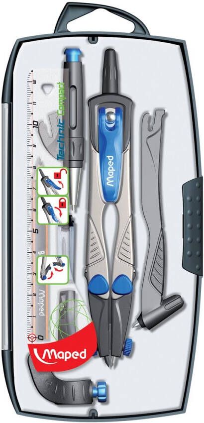 Maped passer Technic Compact 7-delige passerdoos: 1 passer Technic Compact 1 verlengstuk 1 universee...