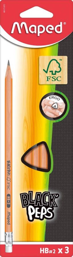 Maped potlood Black&apos;Peps HB met gum kartonnen ophangetui met 3 stuks