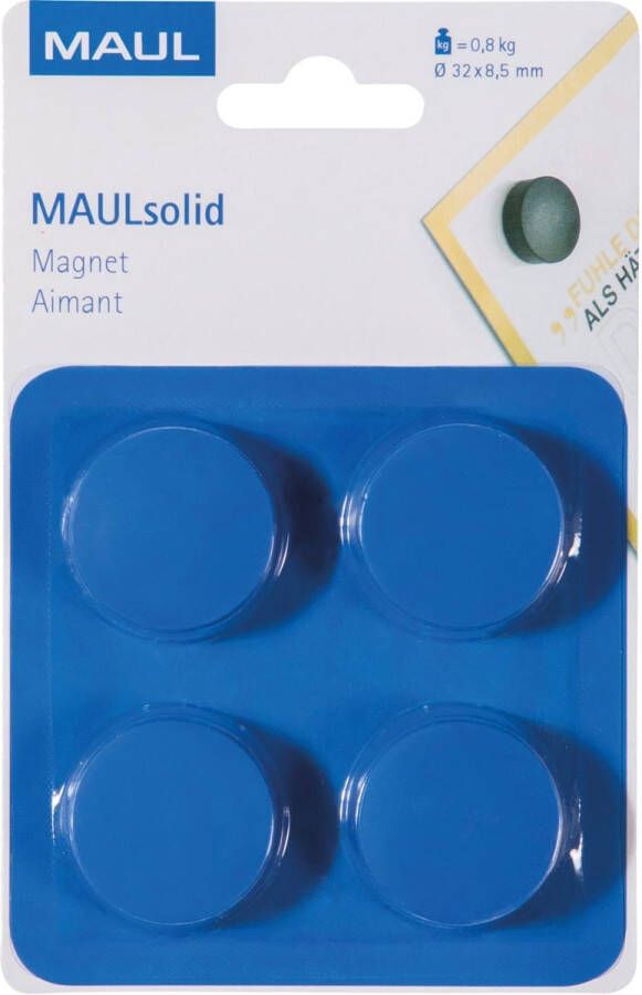 Maul magneet Solid 32 mm trekkracht 800 gr blister van 4 stuks blauw