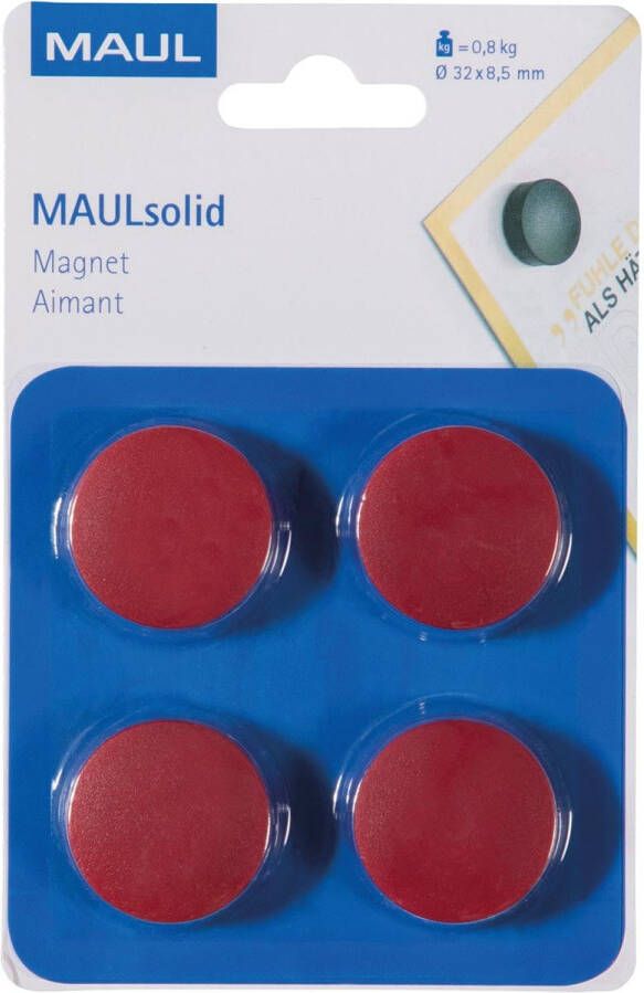 Maul magneet Solid 32 mm trekkracht 800 gr blister van 4 stuks rood