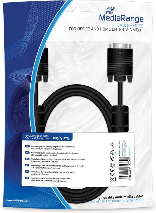 MediaRange SVGA monitor extension cable with ferrite cores VGA plug VGA socket 1.8m black