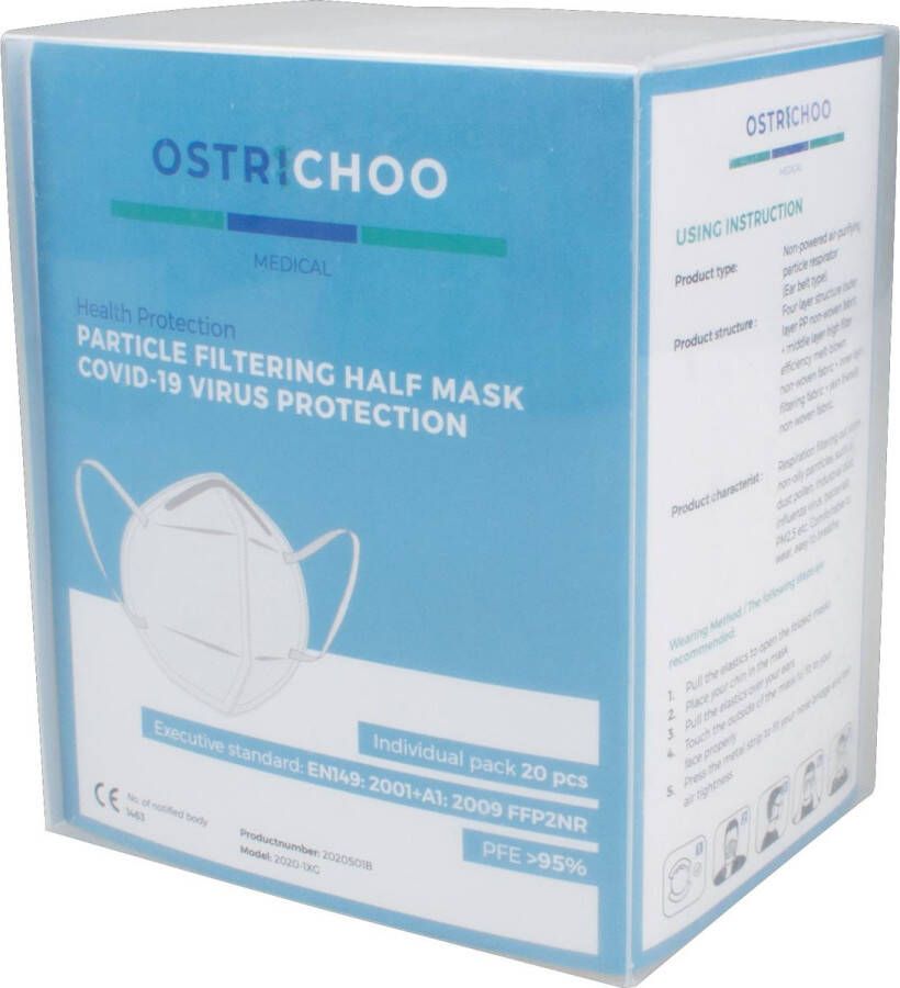 Merkloos Mondmasker type FFP2 4-laags pak van 20 stuks