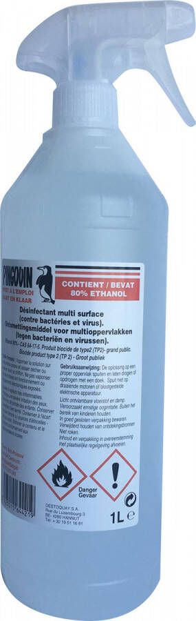 Merkloos Pingouin ontsmettingsmiddel voor multioppervlakken kant en klaar 80% Ethanol