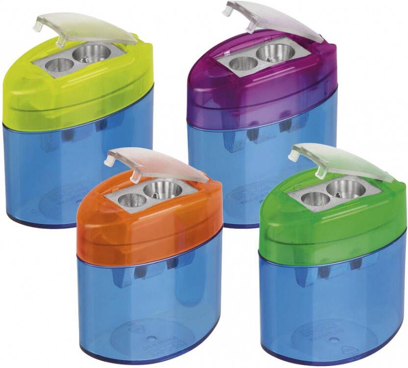 M+R potloodslijper Neo Light 2-gaats met reservoir doos met 10 stuks in geassorteerde kleuren