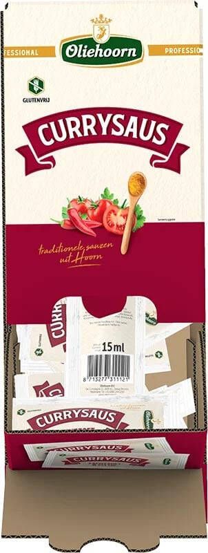 Oliehoorn Currysaus doos van 150 zakjes van 15 ml