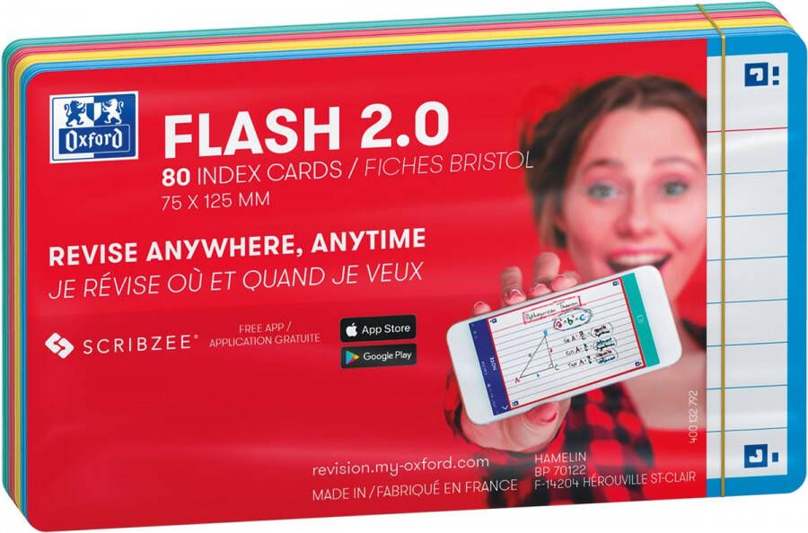 Oxford Flash 2.0 flashcard starterkit, gelijnd, A7, assorti, pak van 80 vel online kopen