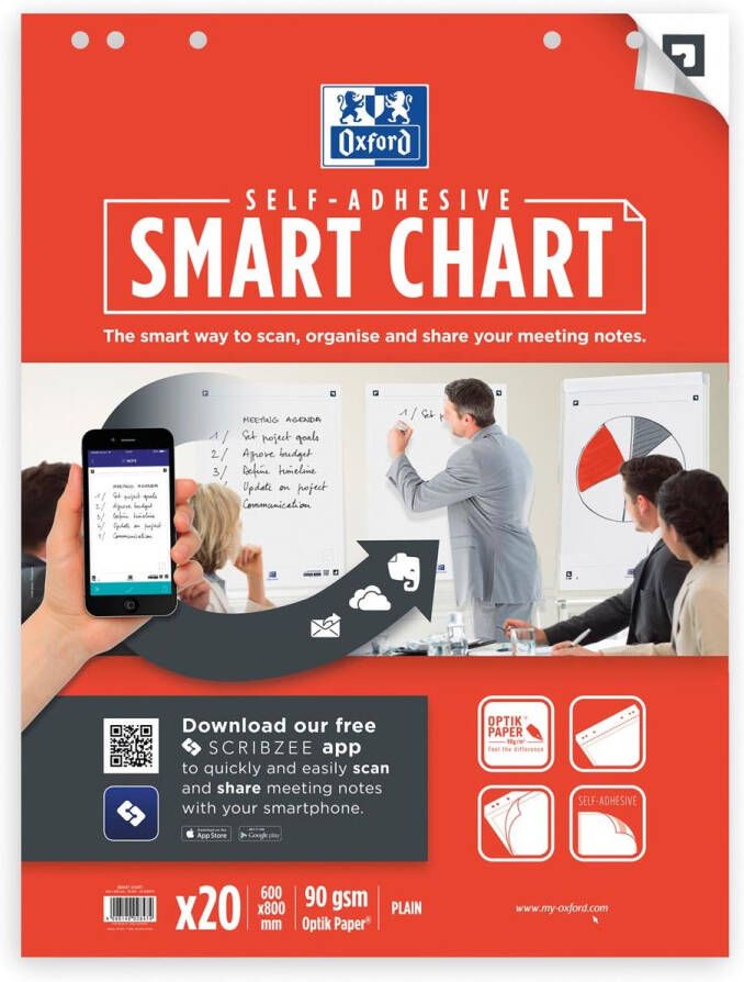 Oxford flipchartblok Smart Chart zelfklevend ft 60 x 80 cm blanco pak van 20 vel