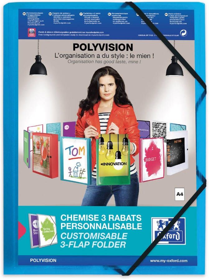 Oxford Elastomap Polyvision A4 met insteektas 3 kleppen PP blauw