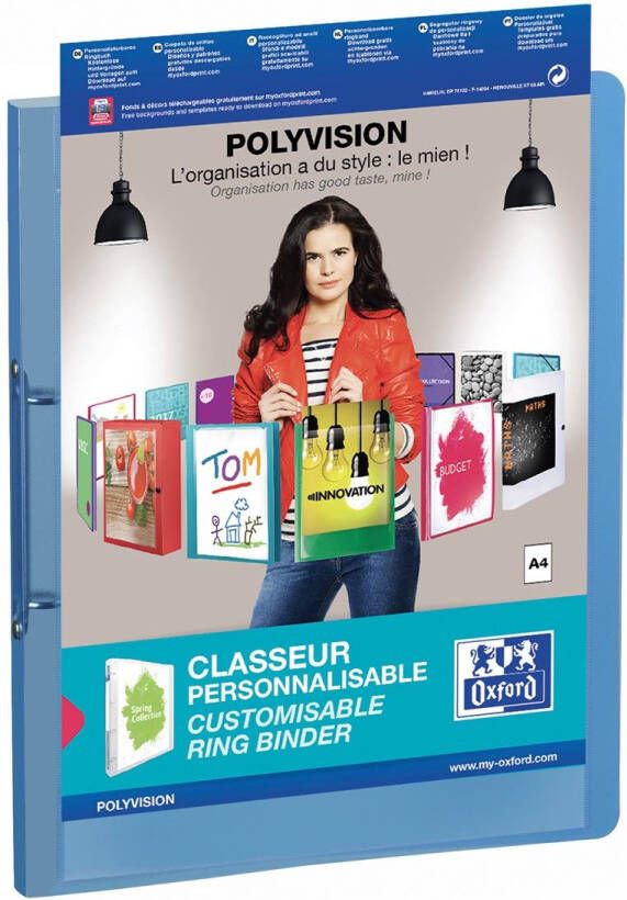 Oxford Polyvision personaliseerbare ringmap formaat A4 uit PP rug van 3 cm 2 ringen blauw