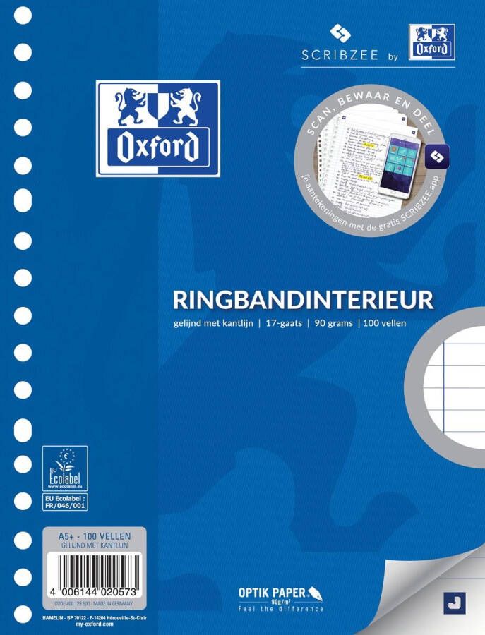 Opvulpapier OXFORD School ringbandinterieur A5 gelijnd met kantlijn 17 gaats 100 vel 90g