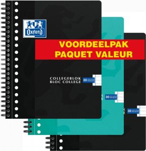 Oxford School collegeblok ft A5+ 160 bladzijden 17-gaats gelijnd assorti 3 stuks