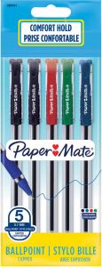 Paper Mate balpen Brite met comfortabele grip fijn 0 7 mm blister van 5 stuks geassorteerde kleuren
