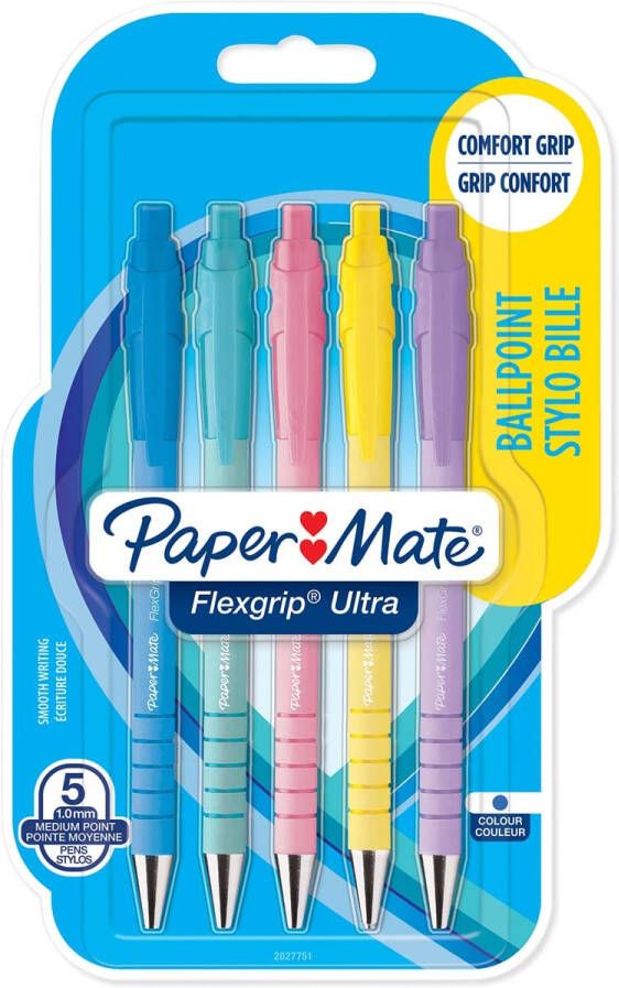 Paper Mate Balpen Flexgrip Ultra pastel medium schrijfkleur blauw blister Ã  5 stuks