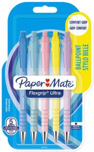 Paper Mate balpen Flexgrip Pastel RT medium blauwe inkt blister van 5 stuks assorti