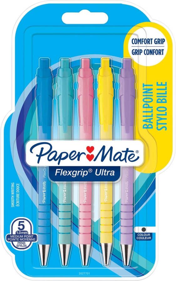 Paper Mate balpen Flexgrip Pastel RT medium zwarte inkt blister van 5 stuks assorti