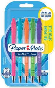 Paper Mate balpen Flexgrip Ultra RT Brights medium blauwe inkt blister van 5 stuks assorti