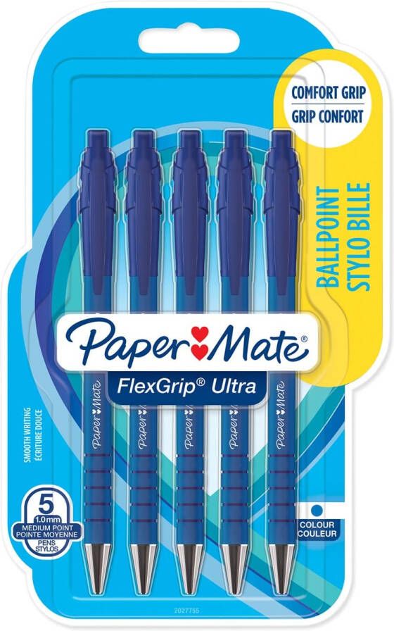 Paper Mate balpen Flexgrip Ultra RT medium blister van 5 stuks blauw