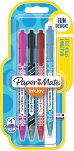 Paper Mate balpen Injoy 100 RT Wrap blister van 4 stuks in geassorteerde fun kleuren