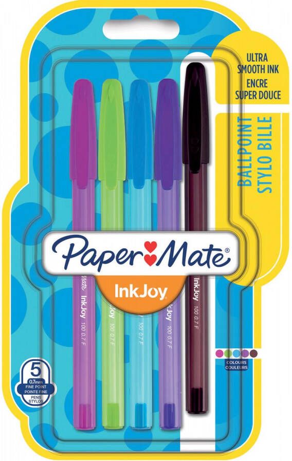 Paper Mate balpen InkJoy 100 met dop blister met 5 stuks in geassorteerde fun kleuren