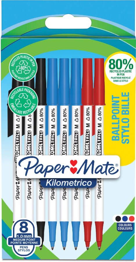 Paper Mate Balpen Kilometrico Recycled assorti medium blister Ã  8 stuks